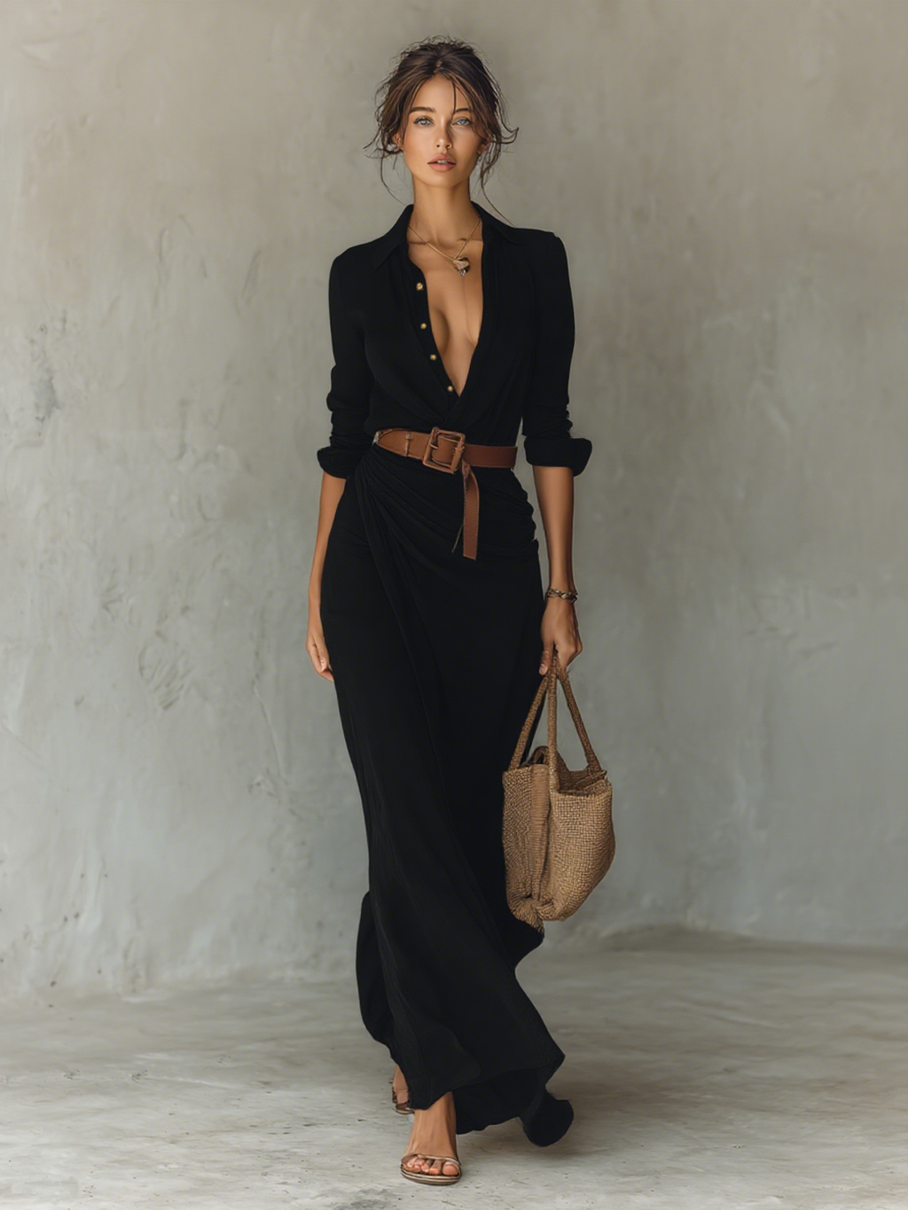 Lapel Maxi Dress with Belt - Long Sleeve, Single Breasted, Women's Fashion