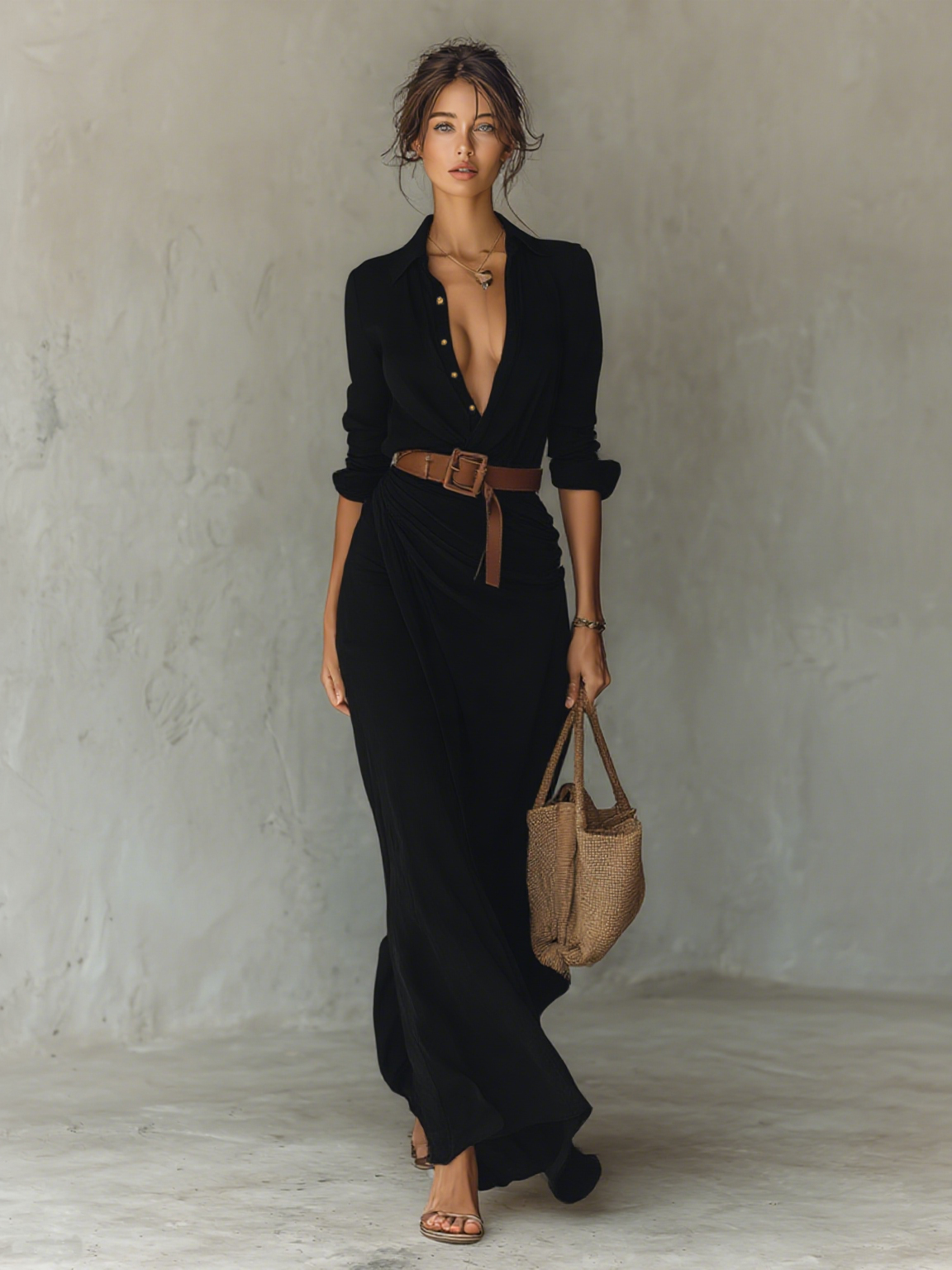 Lapel Maxi Dress with Belt - Long Sleeve, Single Breasted, Women's Fashion
