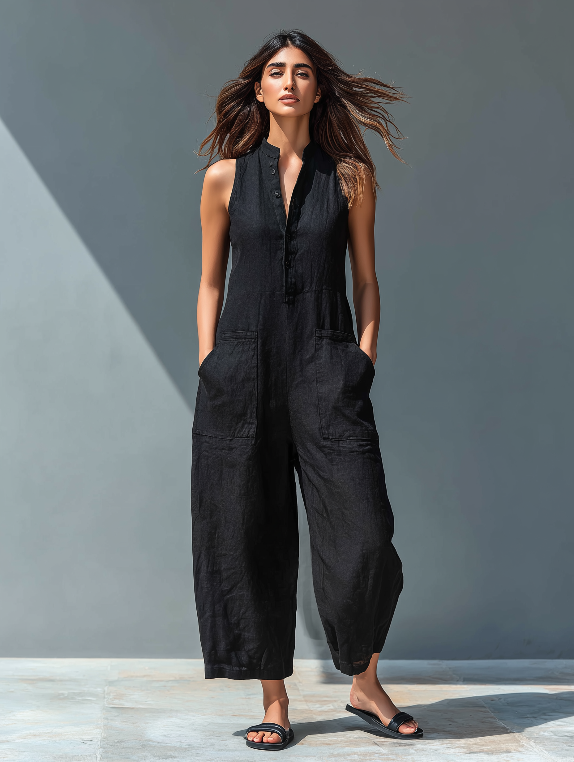 Linen Blend Sleeveless Jumpsuit with Stand Collar for Women - Loose Fit