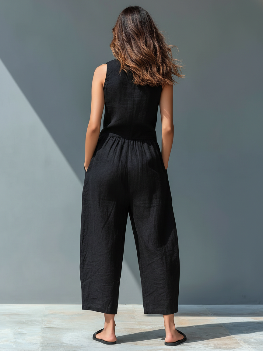 Linen Blend Sleeveless Jumpsuit with Stand Collar for Women - Loose Fit
