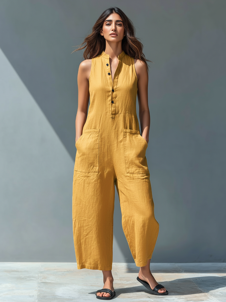 Linen Blend Sleeveless Jumpsuit with Stand Collar for Women - Loose Fit