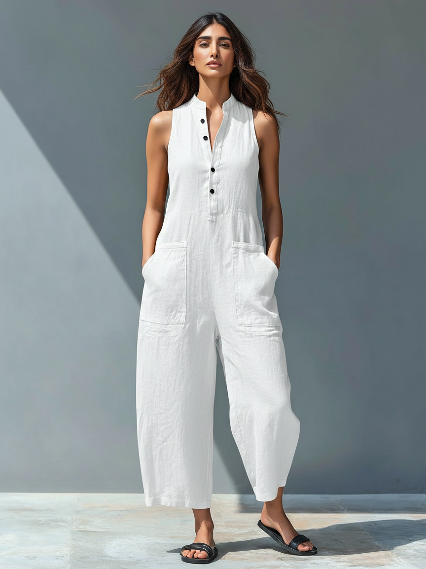 Linen Blend Sleeveless Jumpsuit with Stand Collar for Women - Loose Fit