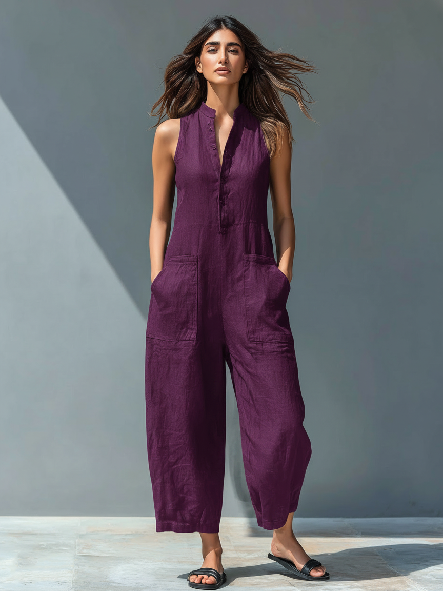 Linen Blend Sleeveless Jumpsuit with Stand Collar for Women - Loose Fit