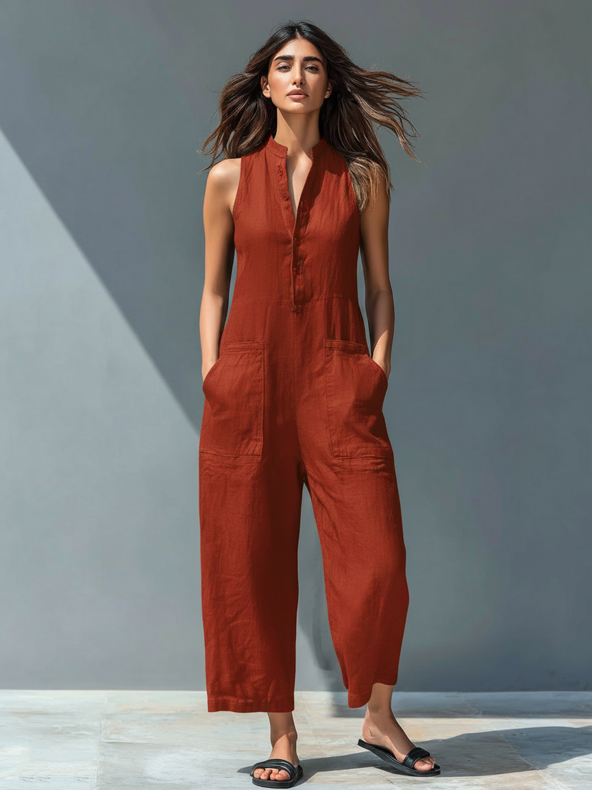 Linen Blend Sleeveless Jumpsuit with Stand Collar for Women - Loose Fit