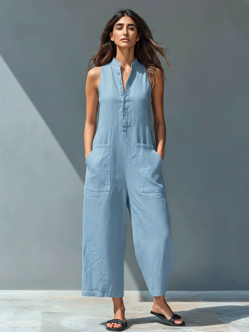 Linen Blend Sleeveless Jumpsuit with Stand Collar for Women - Loose Fit
