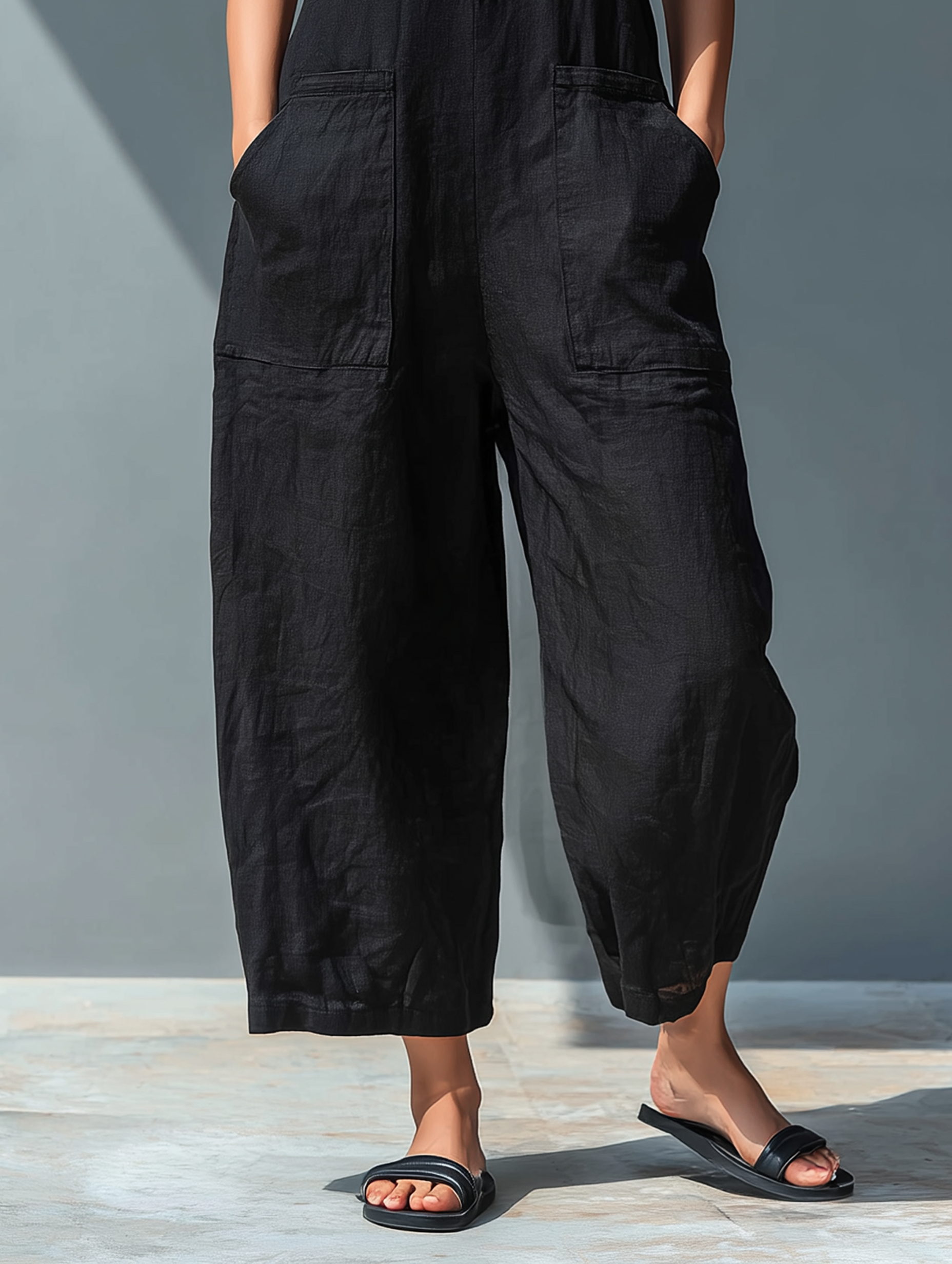 Linen Blend Sleeveless Jumpsuit with Stand Collar for Women - Loose Fit
