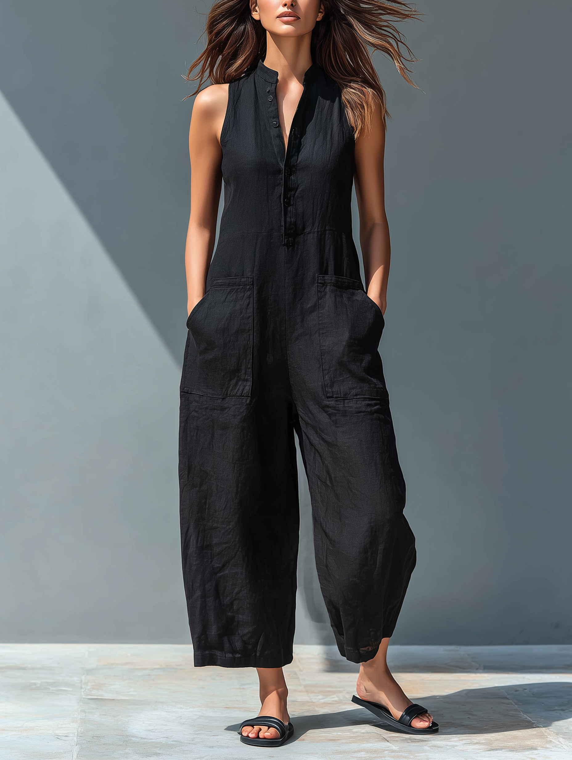 Linen Blend Sleeveless Jumpsuit with Stand Collar for Women - Loose Fit