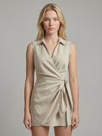 Linen Blend Sleeveless Wrap Mini Dress for Women - Casual Summer Fashion