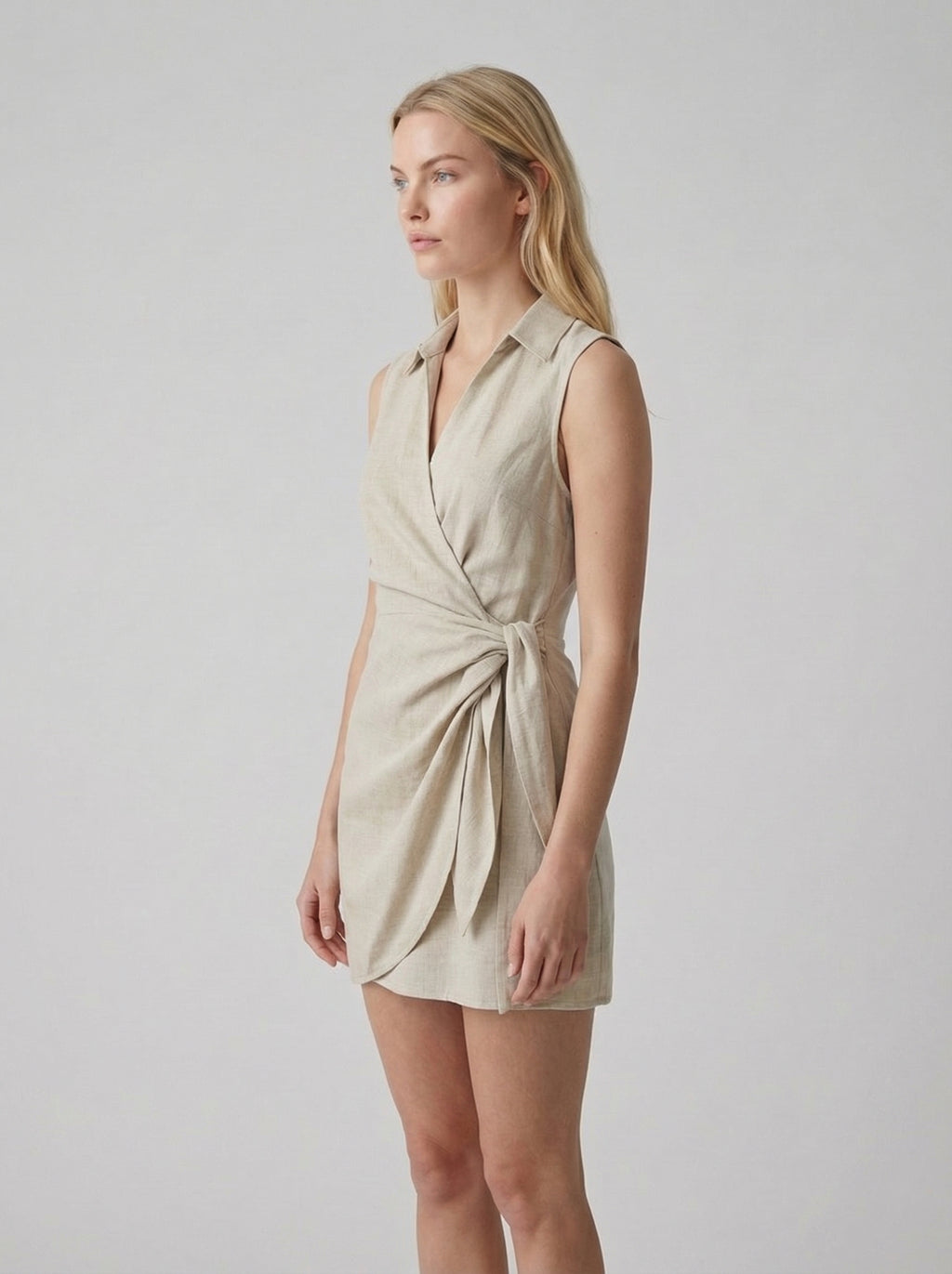 Linen Blend Sleeveless Wrap Mini Dress for Women - Casual Summer Fashion