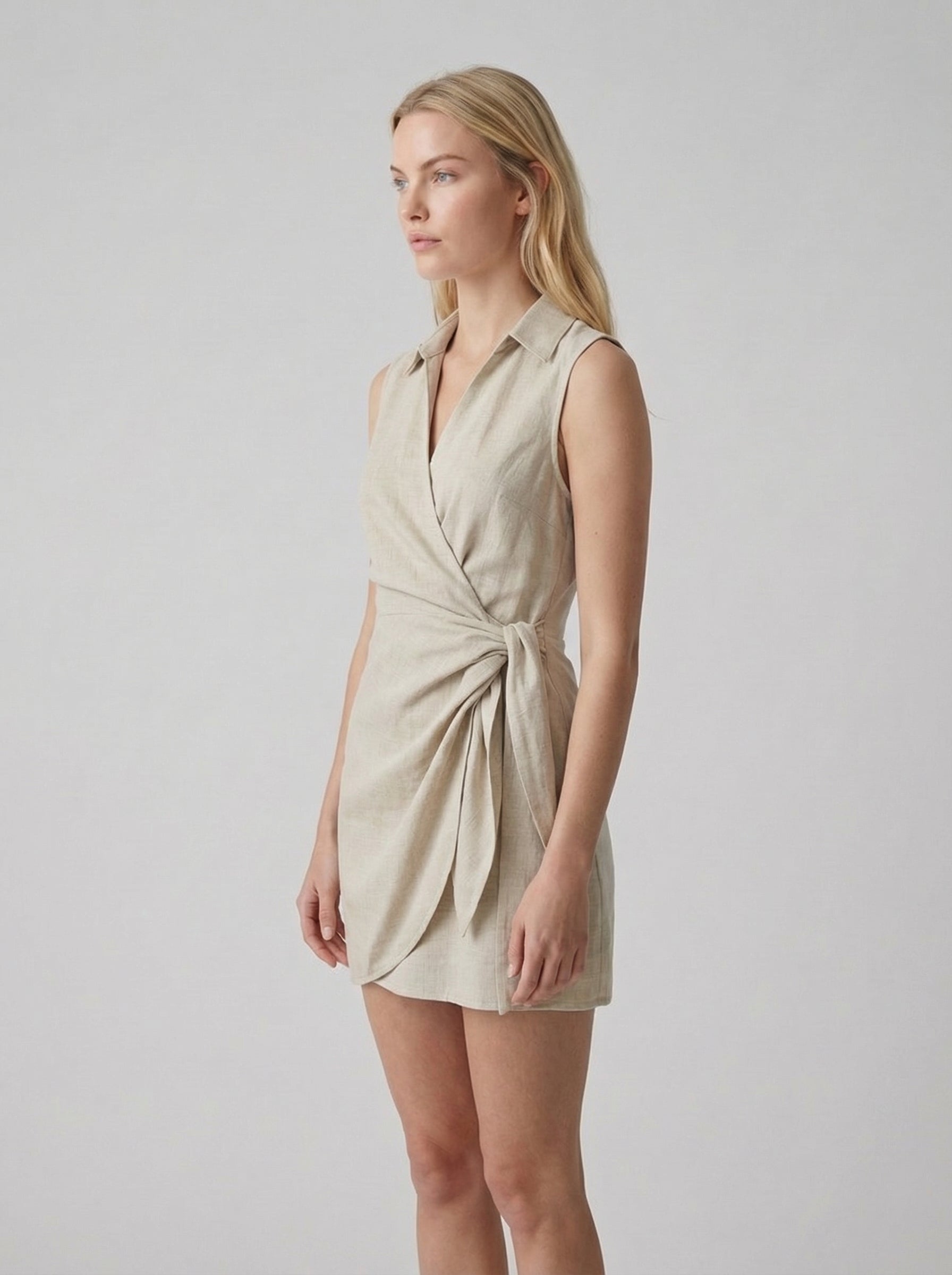 Linen Blend Sleeveless Wrap Mini Dress for Women - Casual Summer Fashion