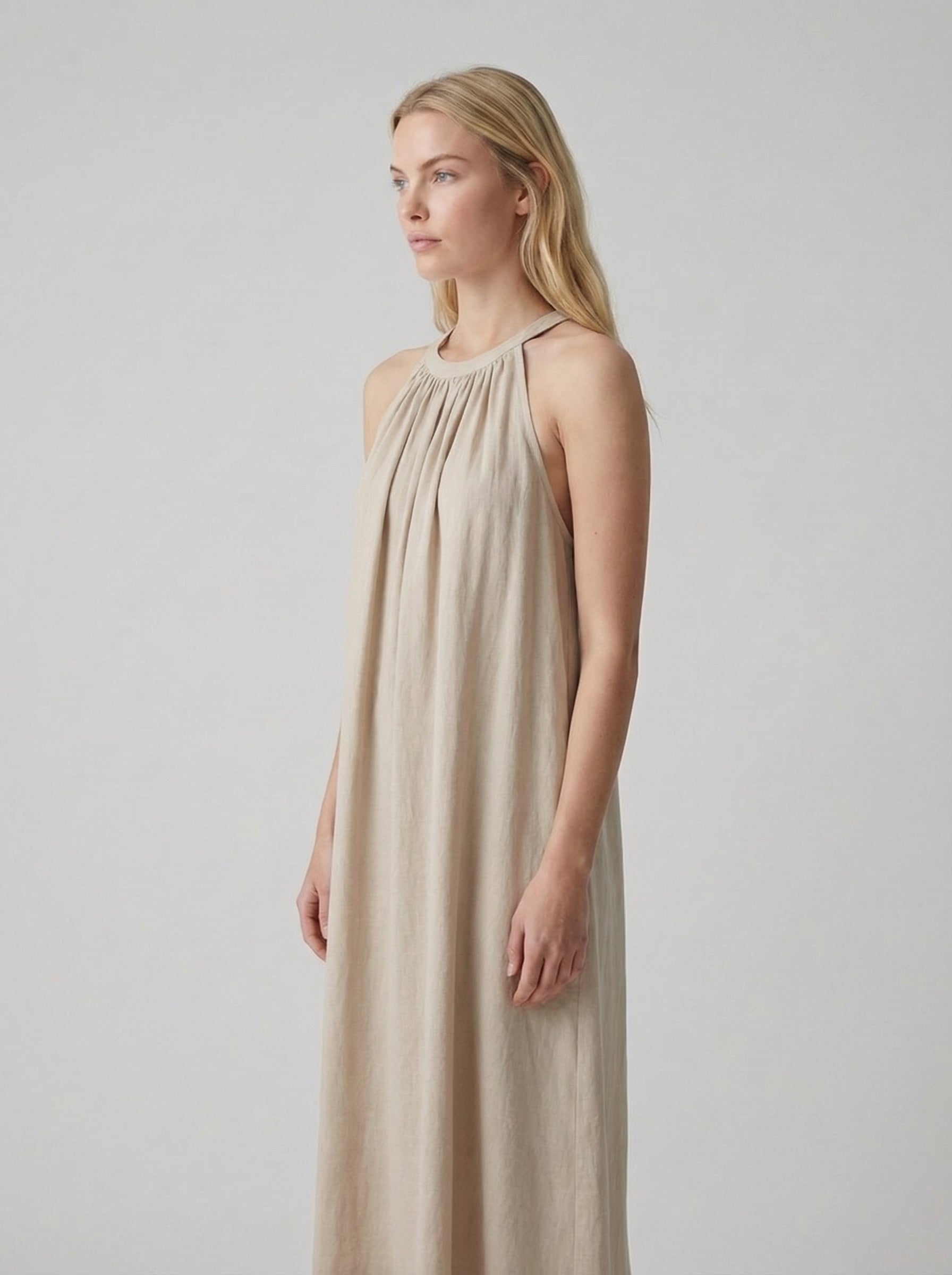 Linen Halter Neck Maxi Dress for Women - Loose Fit Summer Casual Wear