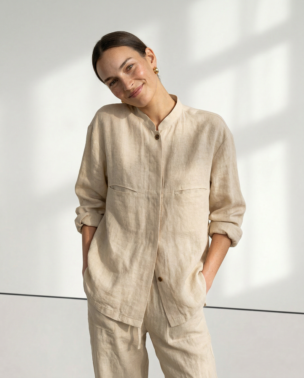 Linen Madeline Collar Jacket Shirt for Women - Casual Summer Wear