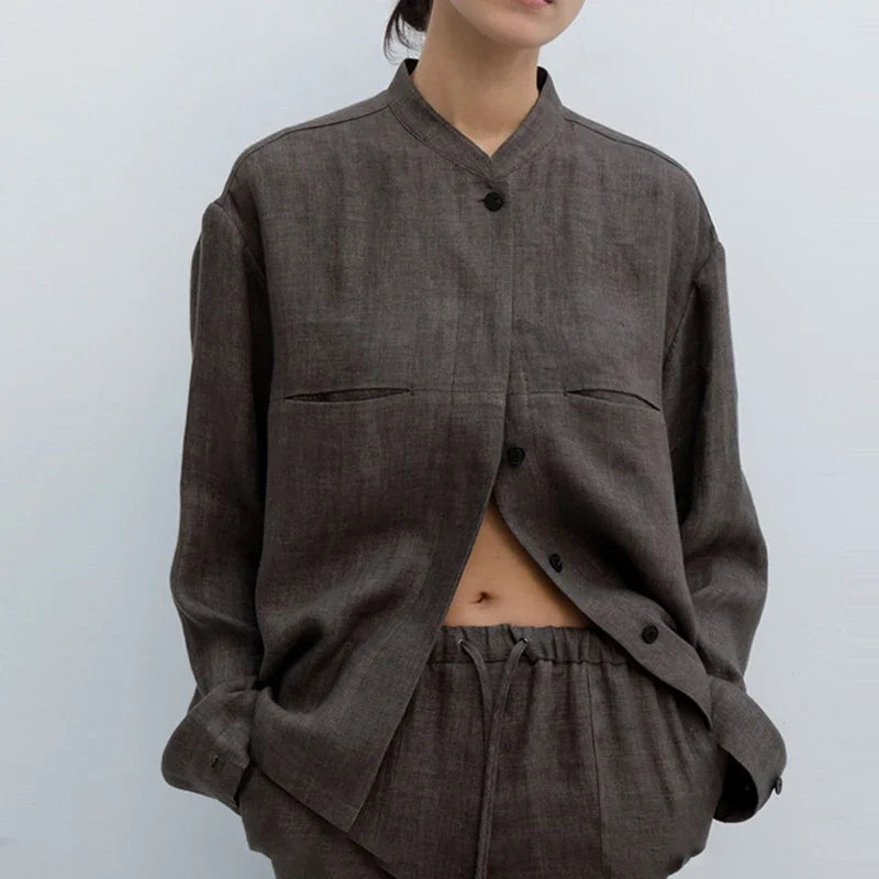 Linen Madeline Collar Jacket Shirt for Women - Casual Summer Wear