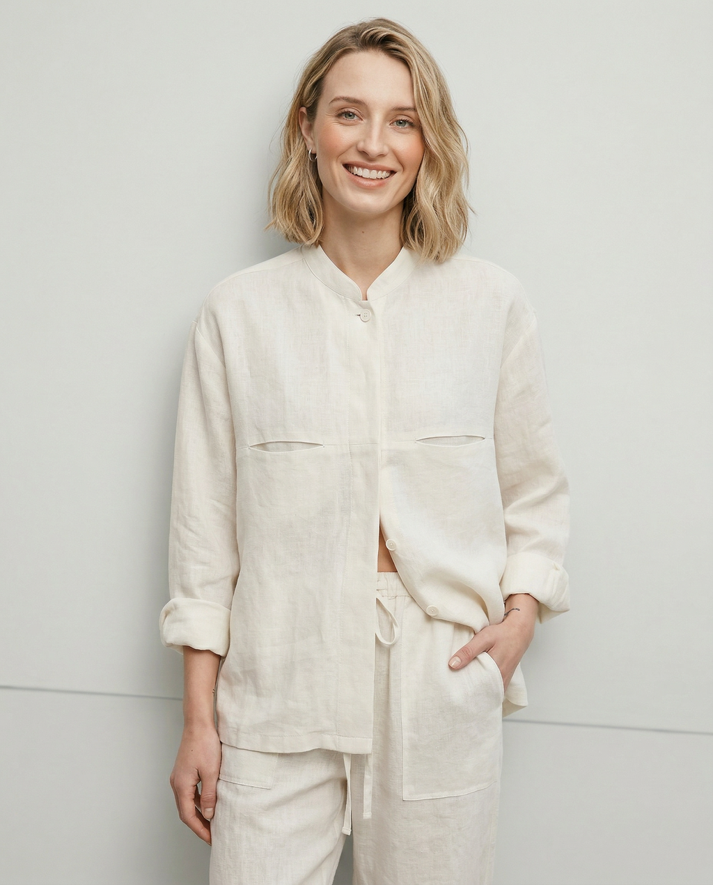 Linen Madeline Collar Jacket Shirt for Women - Casual Summer Wear