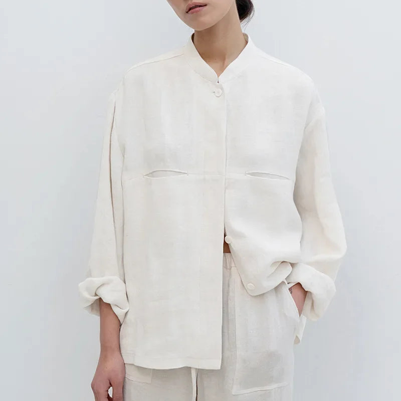 Linen Madeline Collar Jacket Shirt for Women - Casual Summer Wear