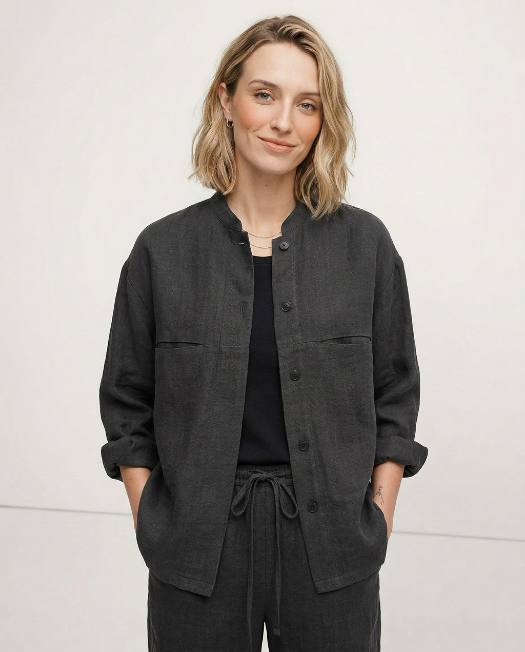 Linen Madeline Collar Jacket Shirt for Women - Casual Summer Wear