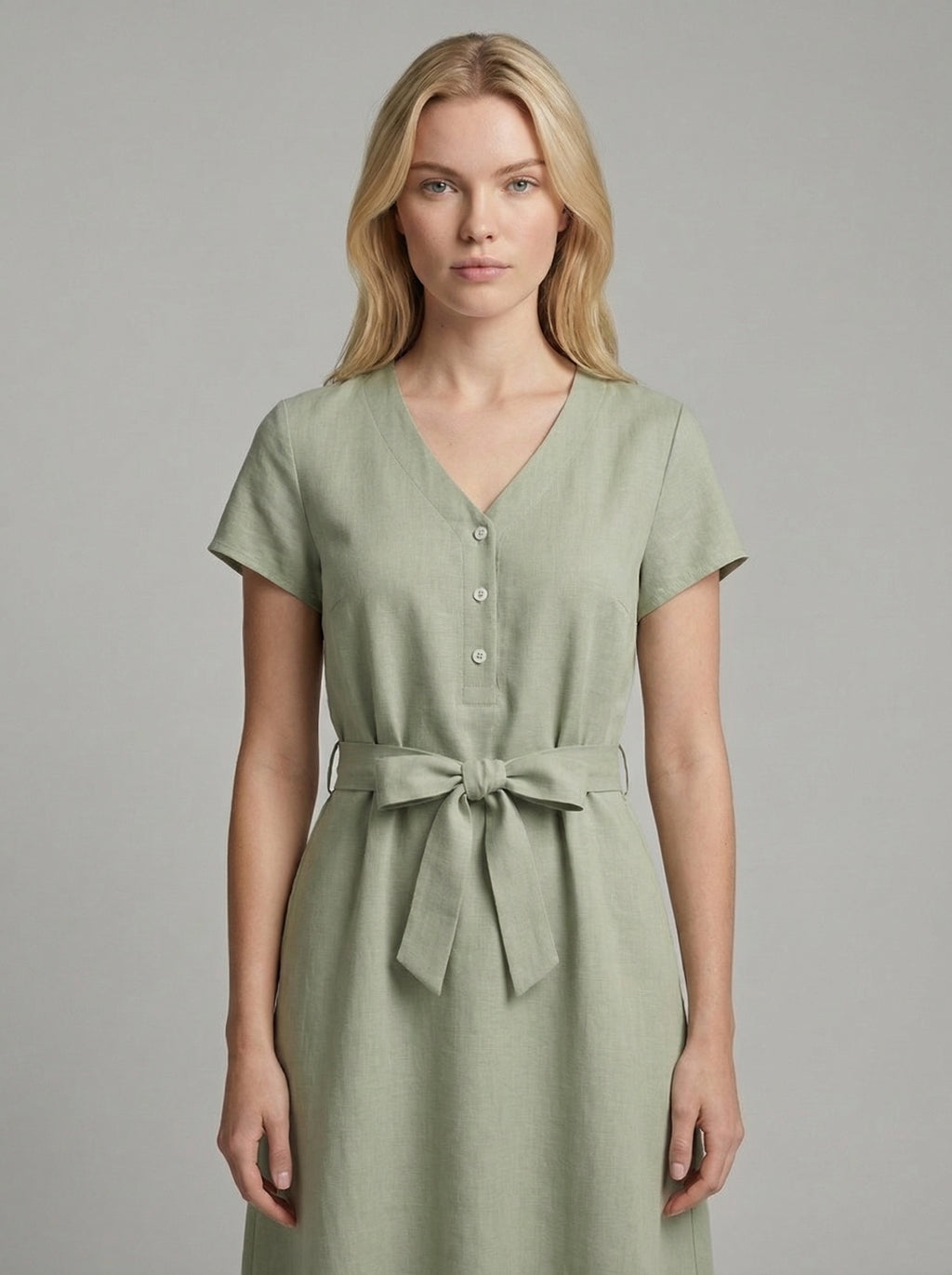 Linen V-Neck Midi Dress for Women with Tie Waist - Casual Summer Wear