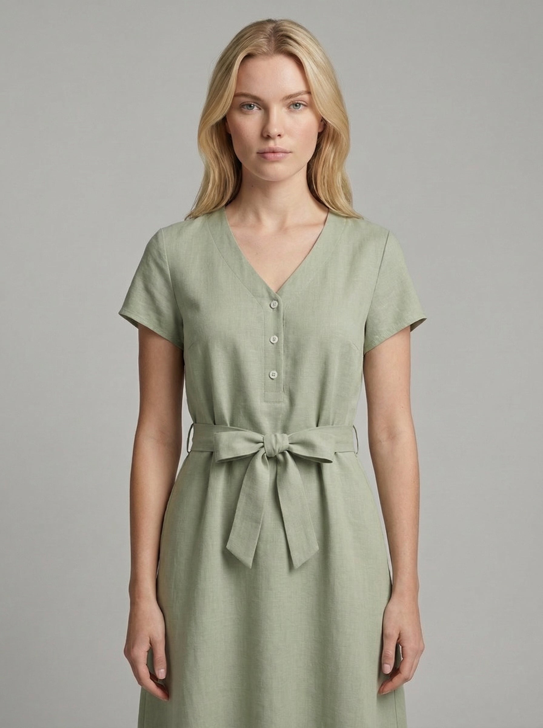 Linen V-Neck Midi Dress for Women with Tie Waist - Casual Summer Wear