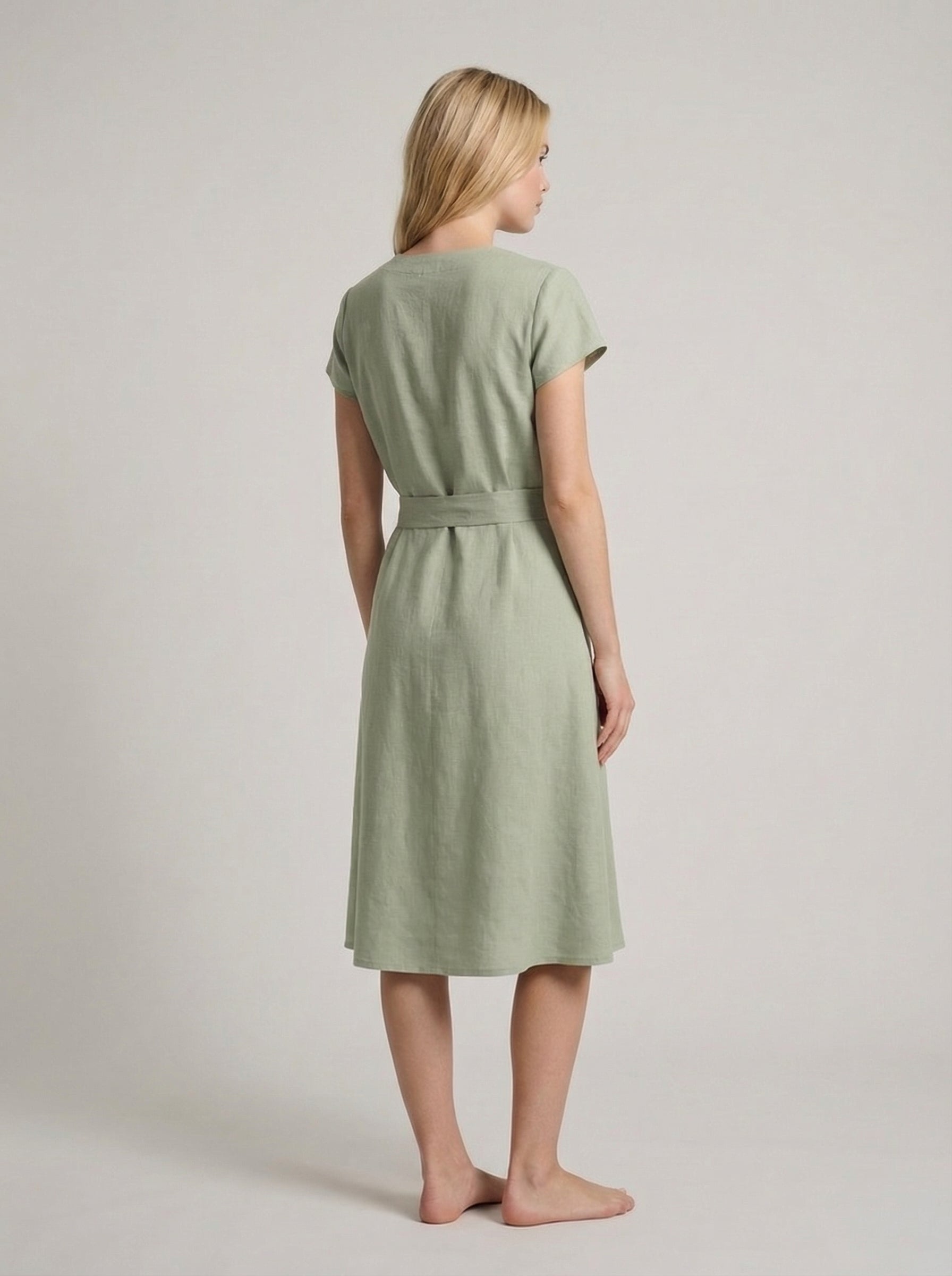 Linen V-Neck Midi Dress for Women with Tie Waist - Casual Summer Wear