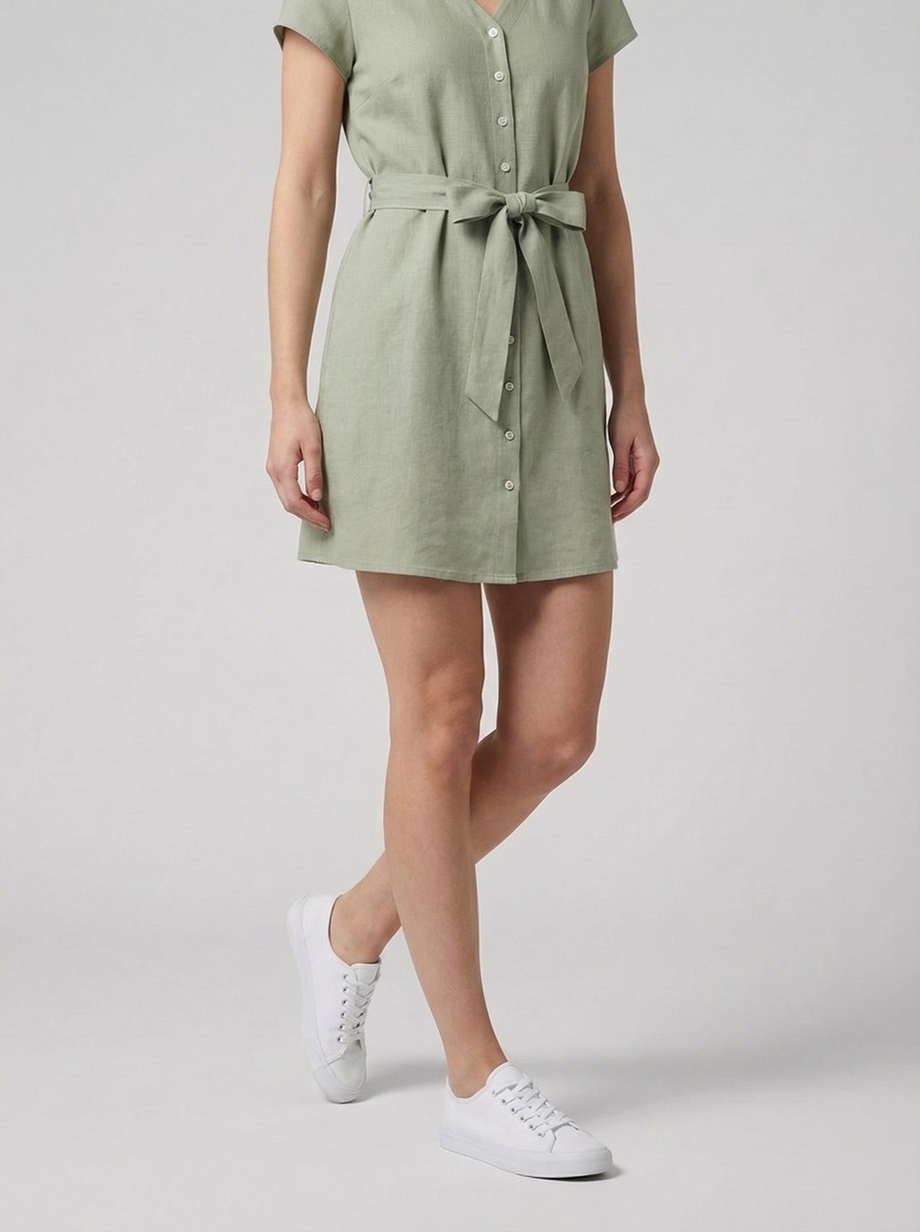 Linen V-Neck Midi Dress for Women with Tie Waist - Casual Summer Wear