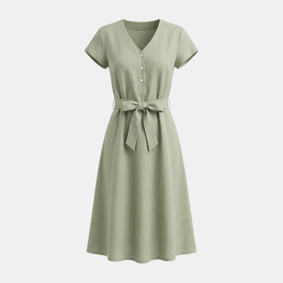 Linen V-Neck Midi Dress for Women with Tie Waist - Casual Summer Wear