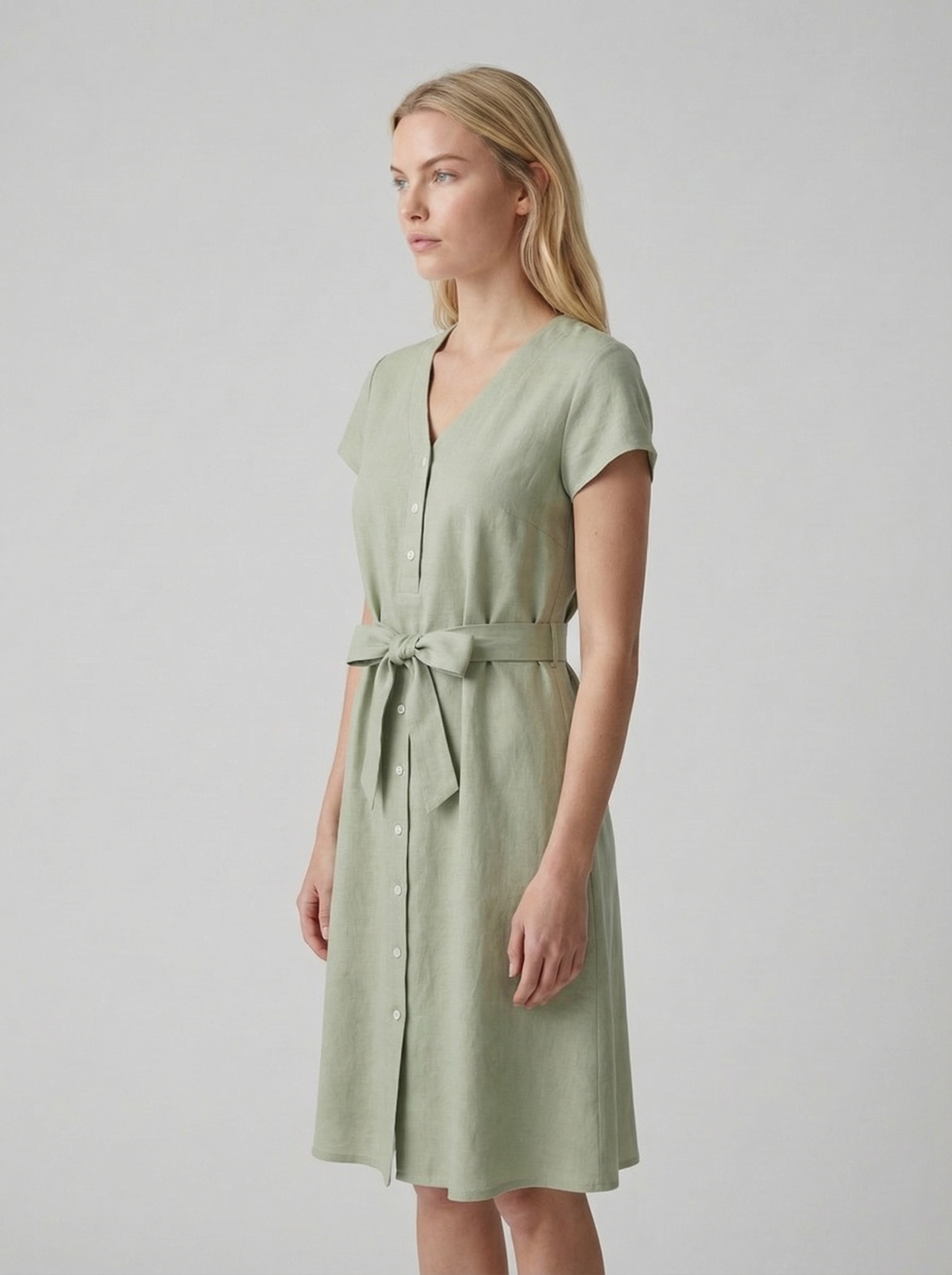 Linen V-Neck Midi Dress for Women with Tie Waist - Casual Summer Wear