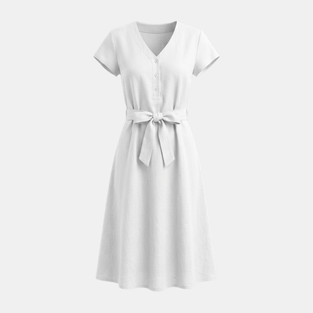 Linen V-Neck Midi Dress for Women with Tie Waist - Casual Summer Wear