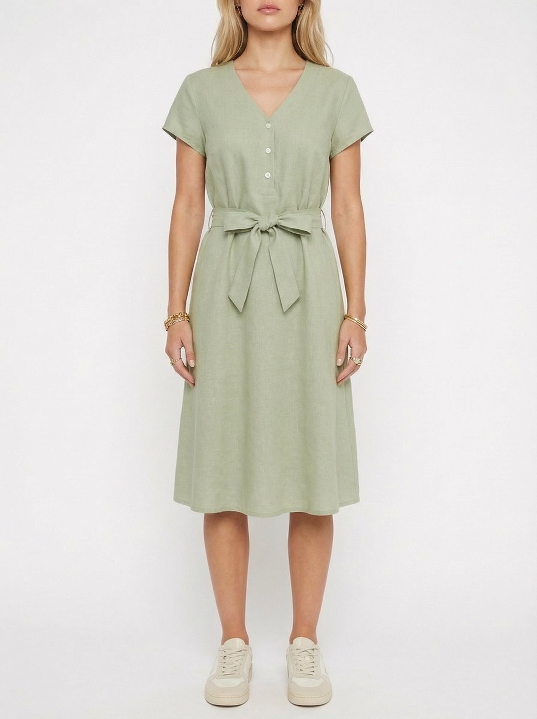 Linen V-Neck Midi Dress for Women with Tie Waist - Casual Summer Wear