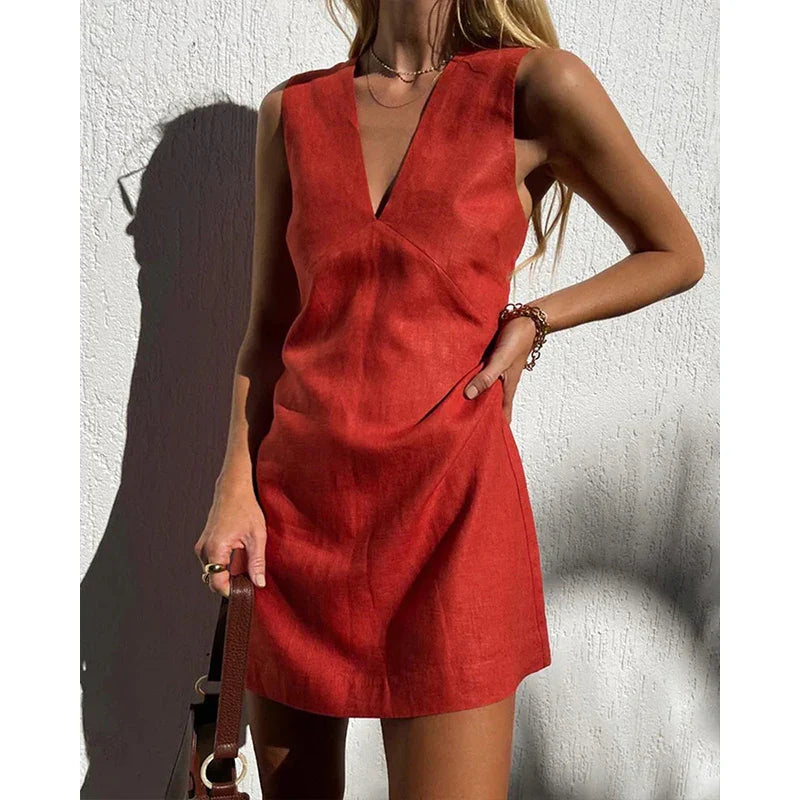 Linen V-Neck Sleeveless Mini Dress for Women - Casual Summer Wear