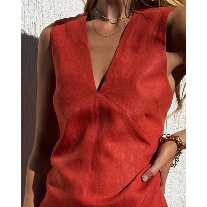 Linen V-Neck Sleeveless Mini Dress for Women - Casual Summer Wear