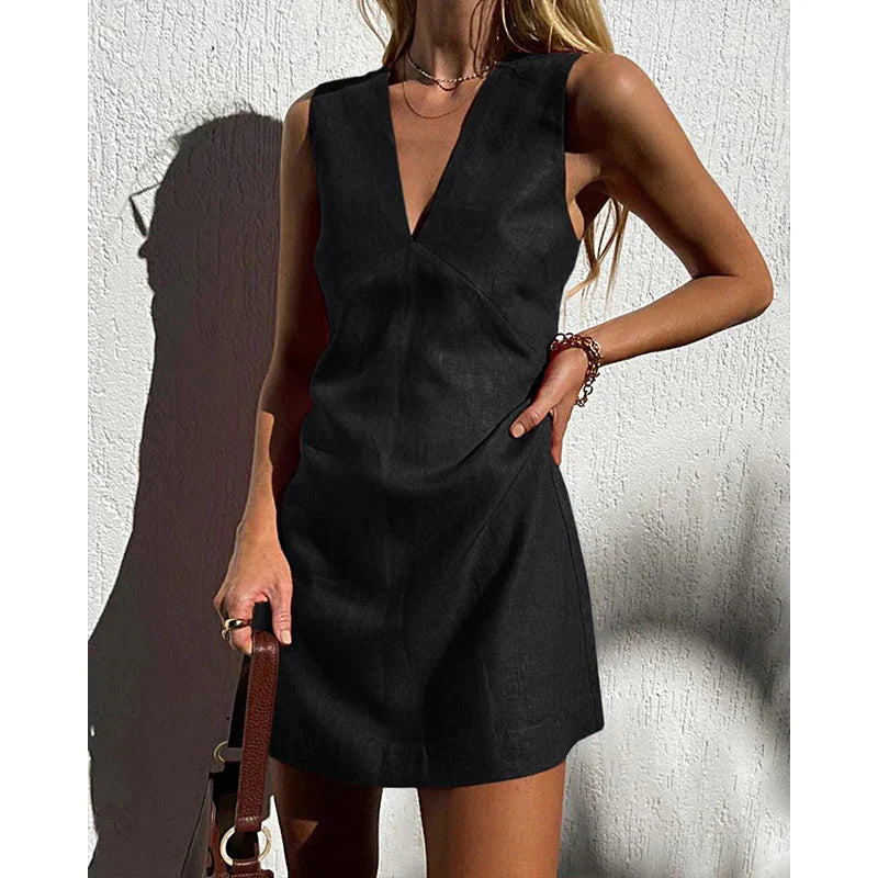 Linen V-Neck Sleeveless Mini Dress for Women - Casual Summer Wear