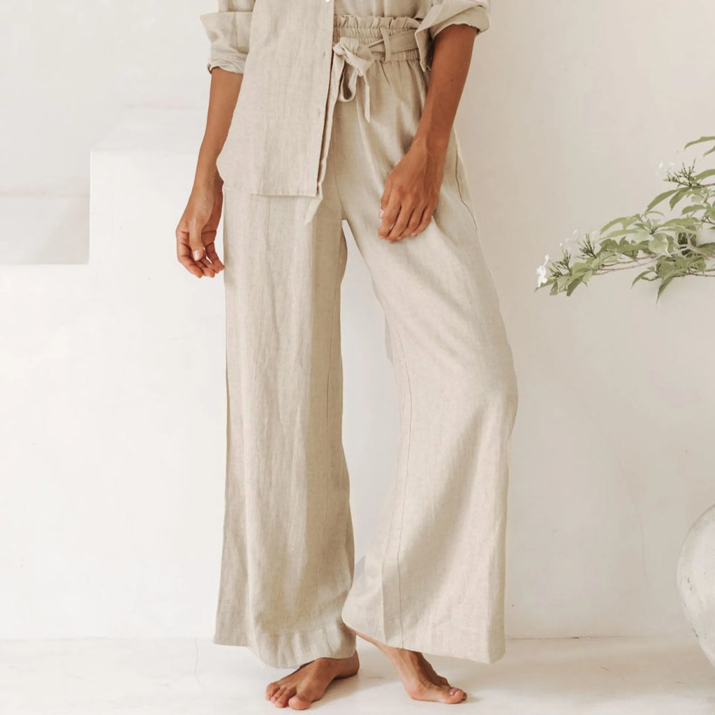 Linen Wide Leg Pants with Ruffle Waist for Casual or Dressy Occasions