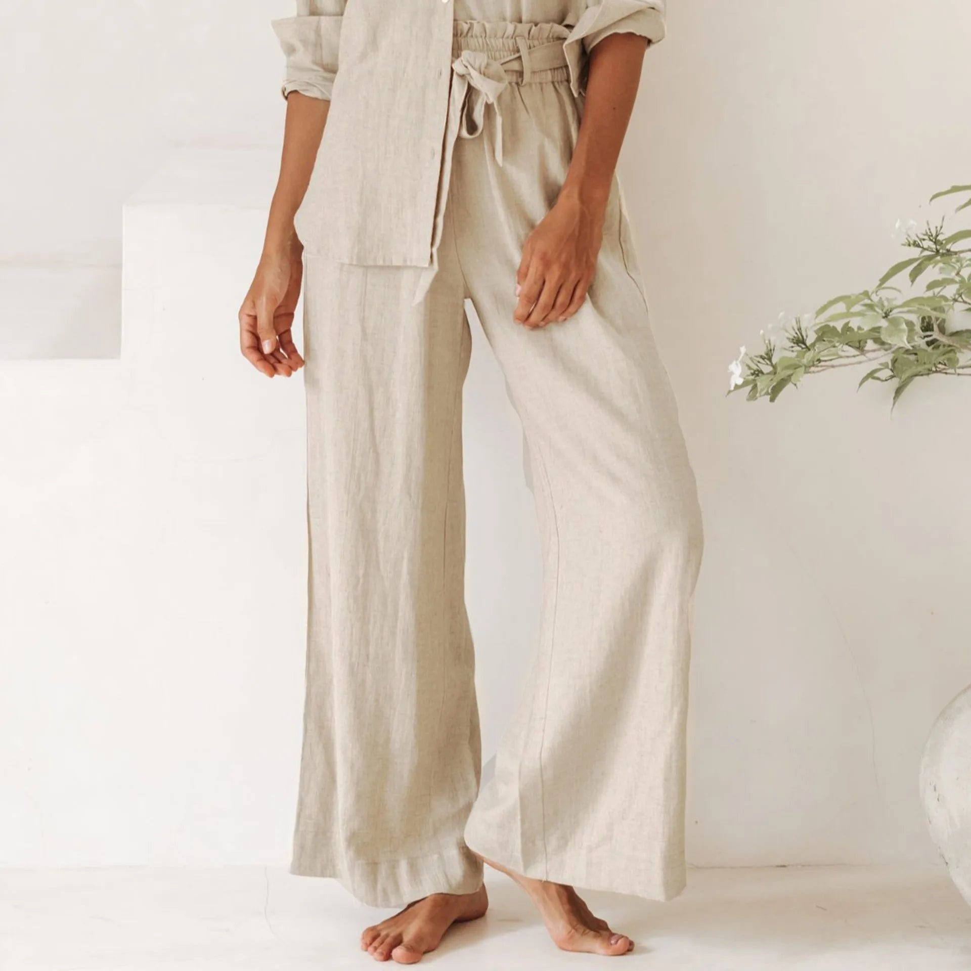 Linen Wide Leg Pants with Ruffle Waist for Casual or Dressy Occasions