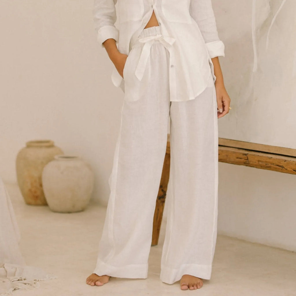 Linen Wide Leg Pants with Ruffle Waist for Casual or Dressy Occasions