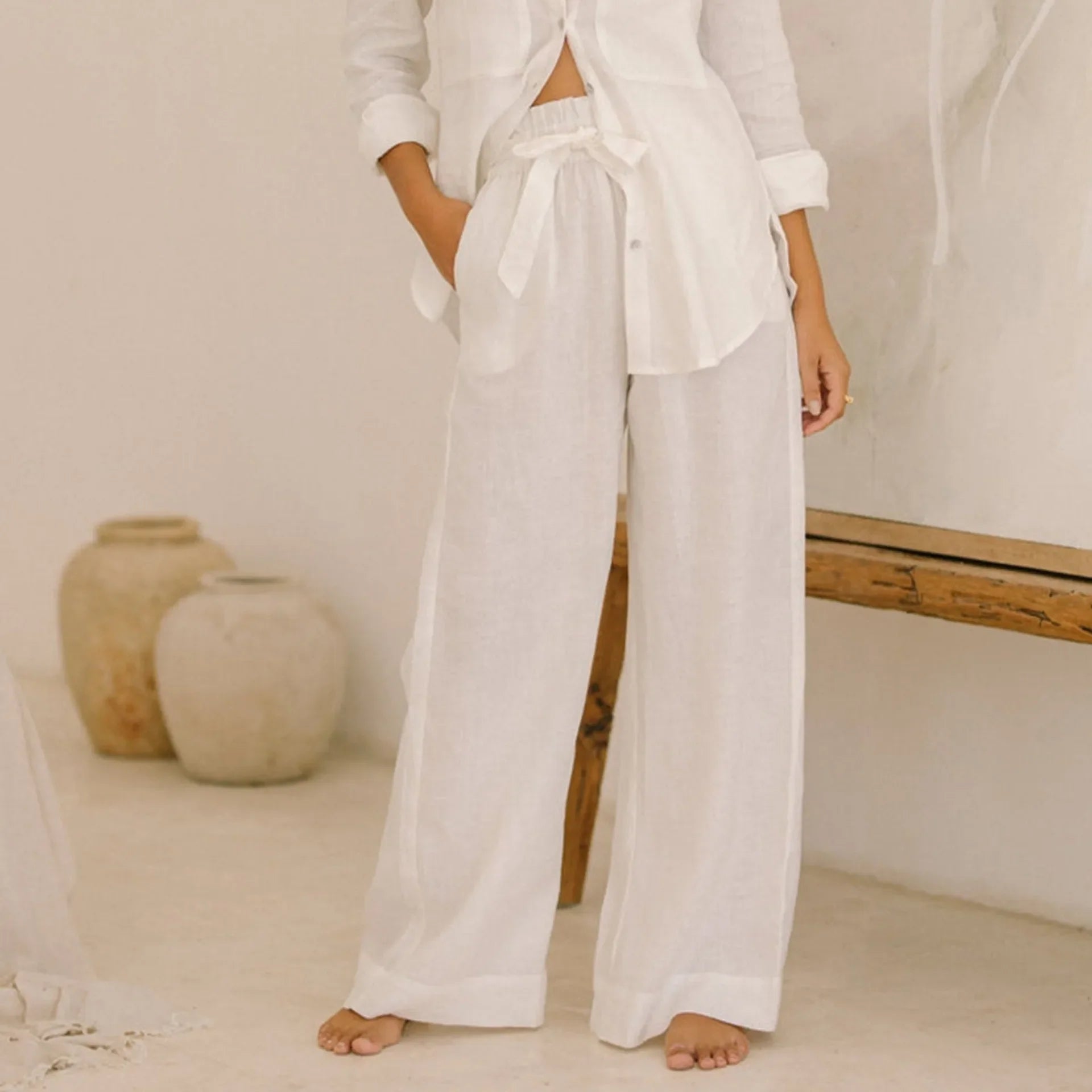 Linen Wide Leg Pants with Ruffle Waist for Casual or Dressy Occasions