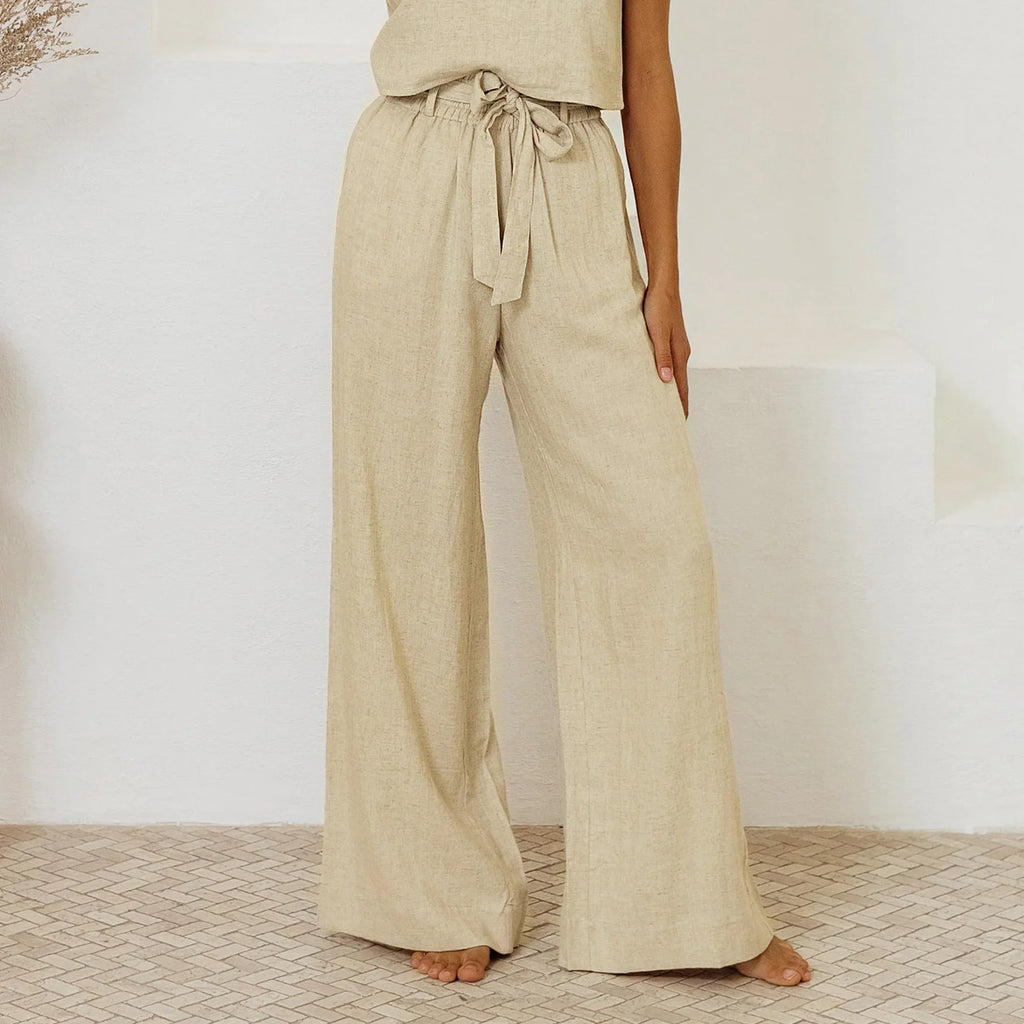 Linen Wide Leg Pants with Ruffle Waist for Casual or Dressy Occasions