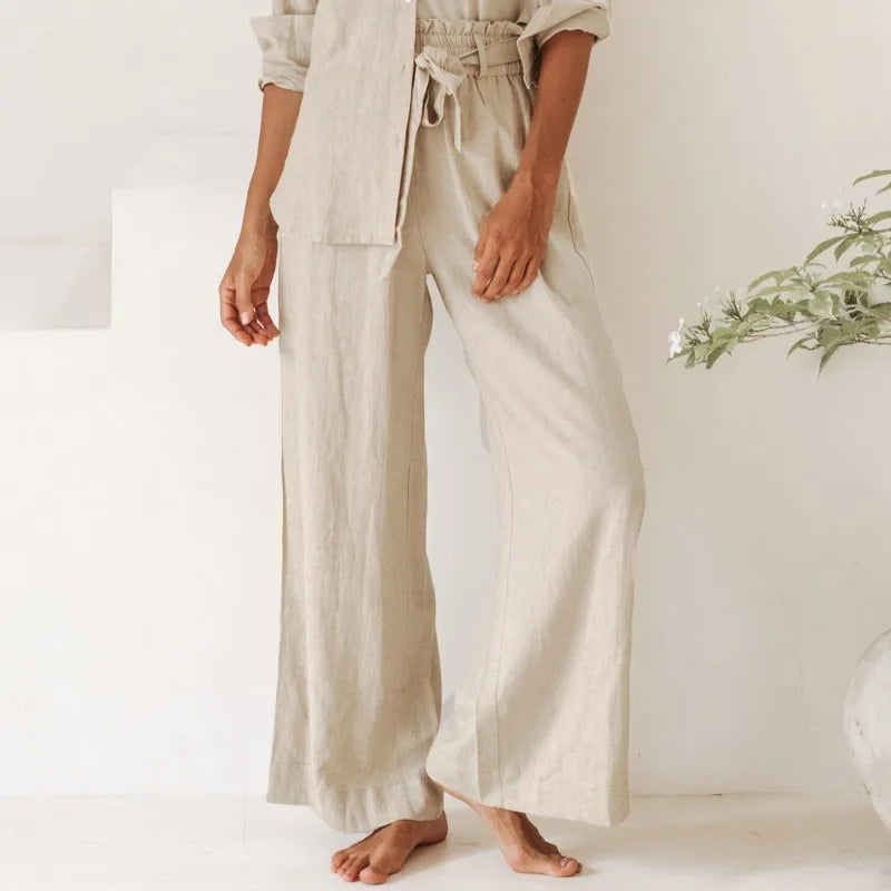 Linen Wide Leg Pants with Ruffle Waist for Casual or Dressy Occasions