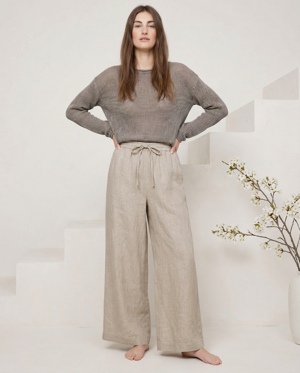 Linen Wide Leg Pants with Ruffle Waist for Casual or Dressy Occasions