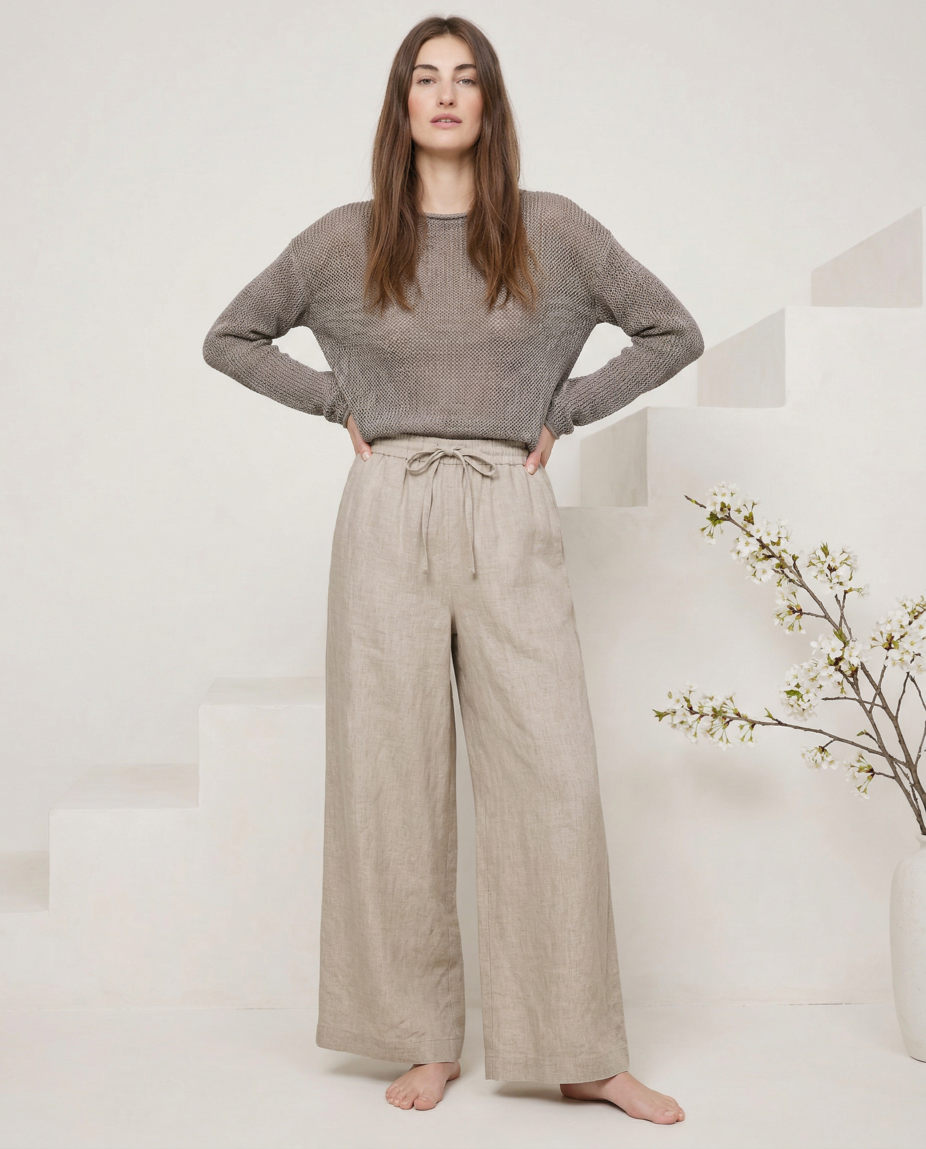 Linen Wide Leg Pants with Ruffle Waist for Casual or Dressy Occasions