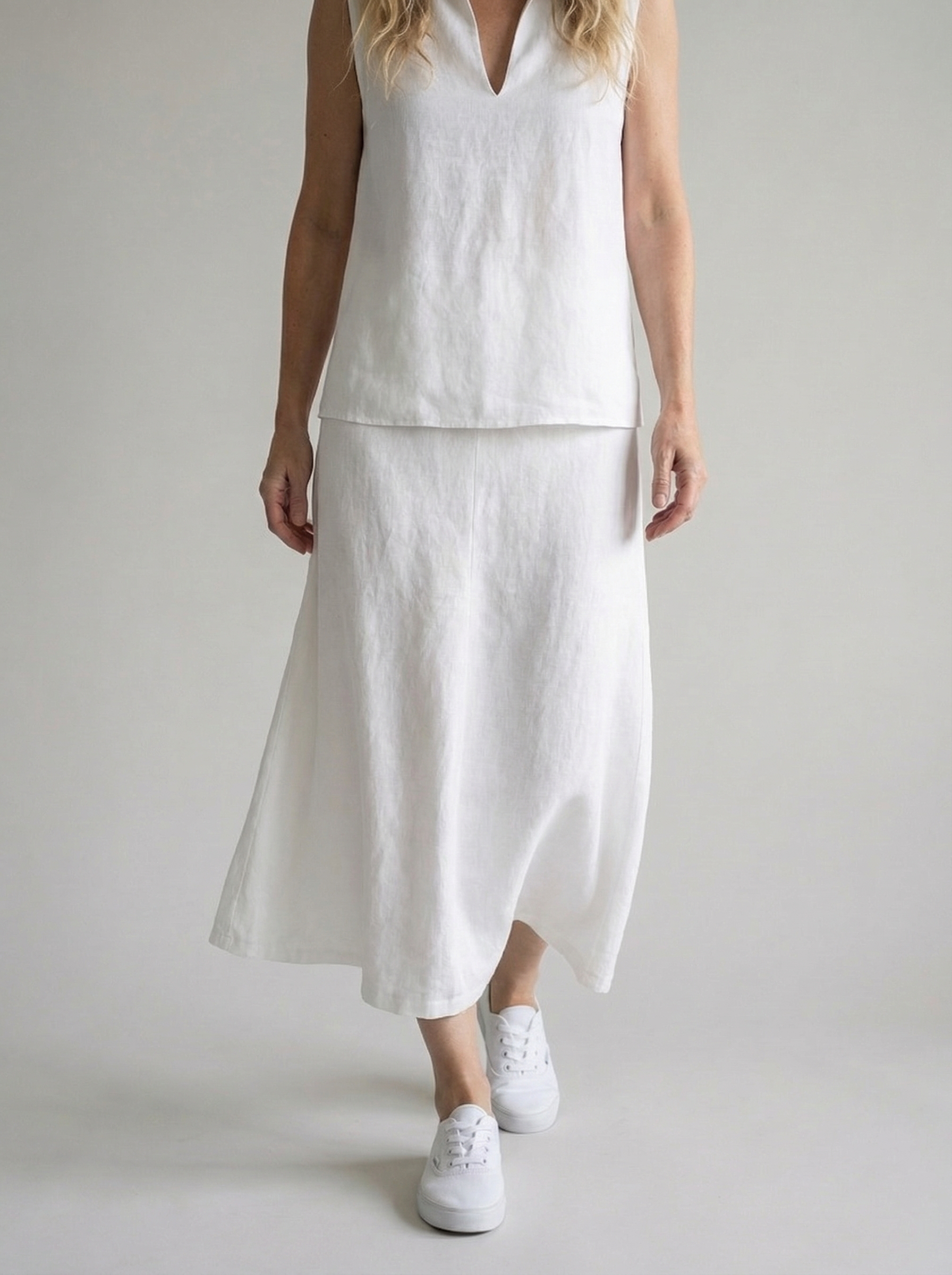 Linen Women's Co-ord Set: Sleeveless V-Neck Top & Skirt for Casual Wear