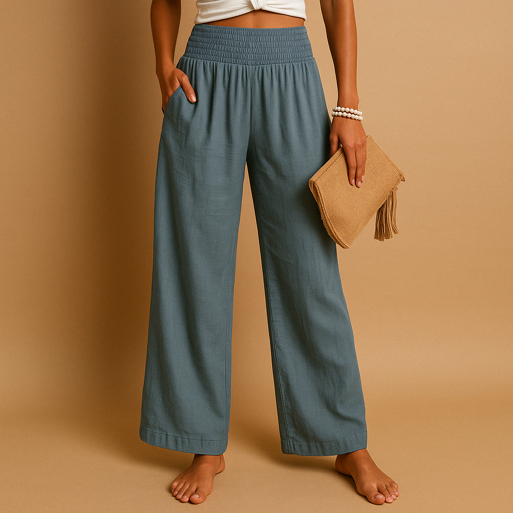 Linen Women's Trousers - Elastic Waist, Straight Leg - Casual Everyday Wear