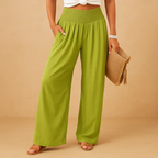 Linen Women's Trousers - Elastic Waist, Straight Leg - Casual Everyday Wear