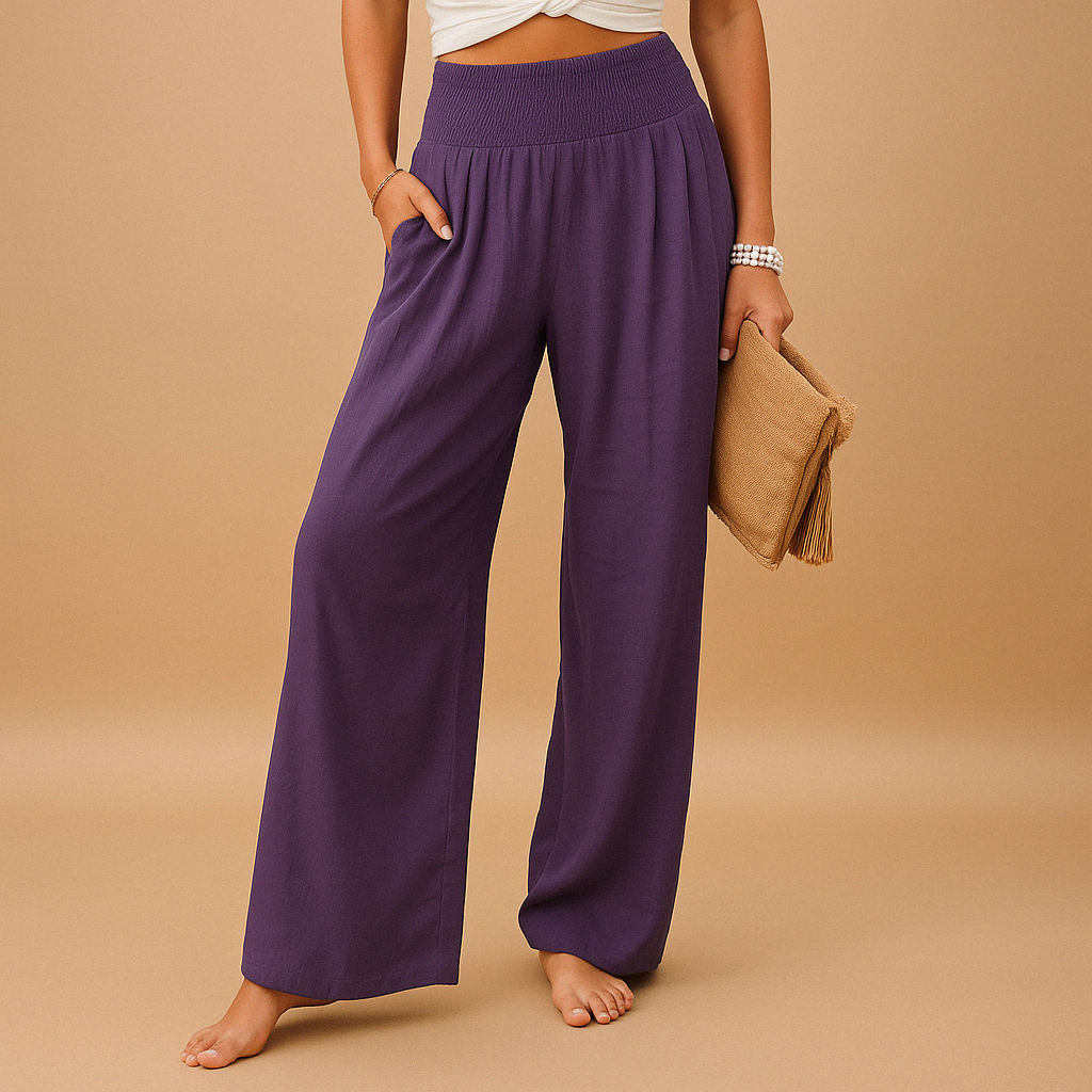 Linen Women's Trousers - Elastic Waist, Straight Leg - Casual Everyday Wear