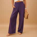 Linen Women's Trousers - Elastic Waist, Straight Leg - Casual Everyday Wear
