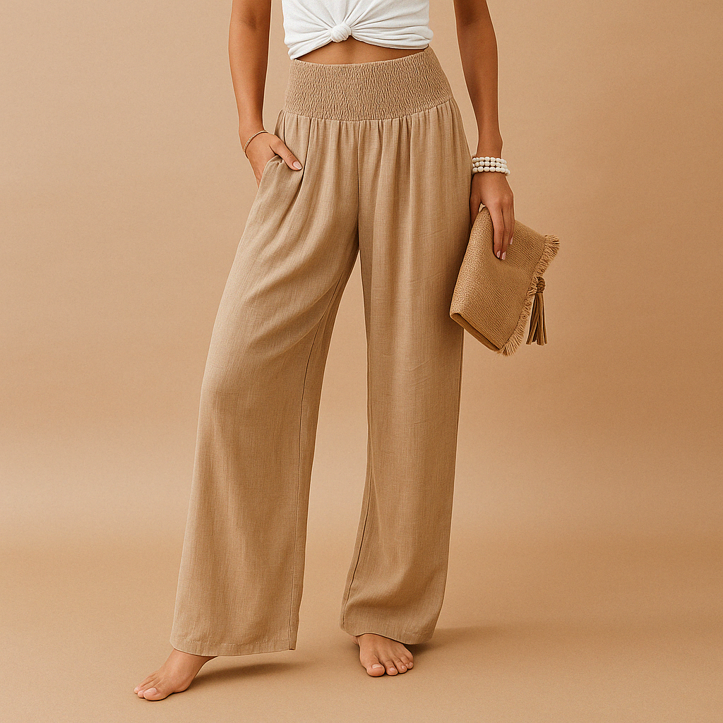 Linen Women's Trousers - Elastic Waist, Straight Leg - Casual Everyday Wear