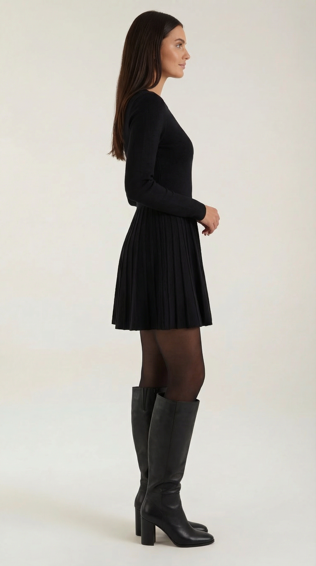 Long Sleeve Pleated Mini Dress in Soft Fabric for Casual or Party Wear