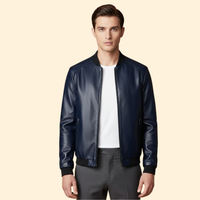 Men's Leather-Look Panelled Bomber Jacket – Blue