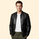 Men's Leather-Look Panelled Bomber Jacket