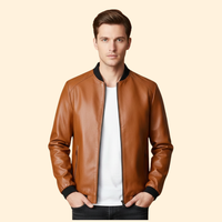Men's Leather-Look Panelled Bomber Jacket – Café
