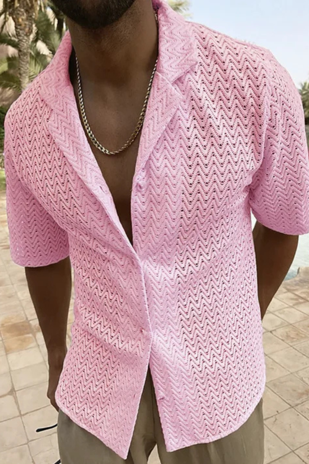 Men's Chevron Textured Short Sleeve Summer Shirt - Open Collar Casual Wear